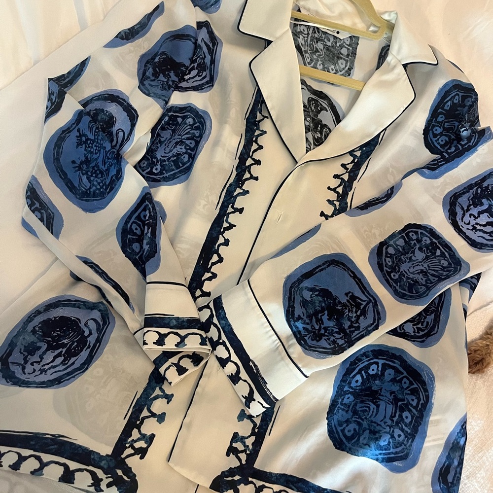 Zara two piece blue and white silky set